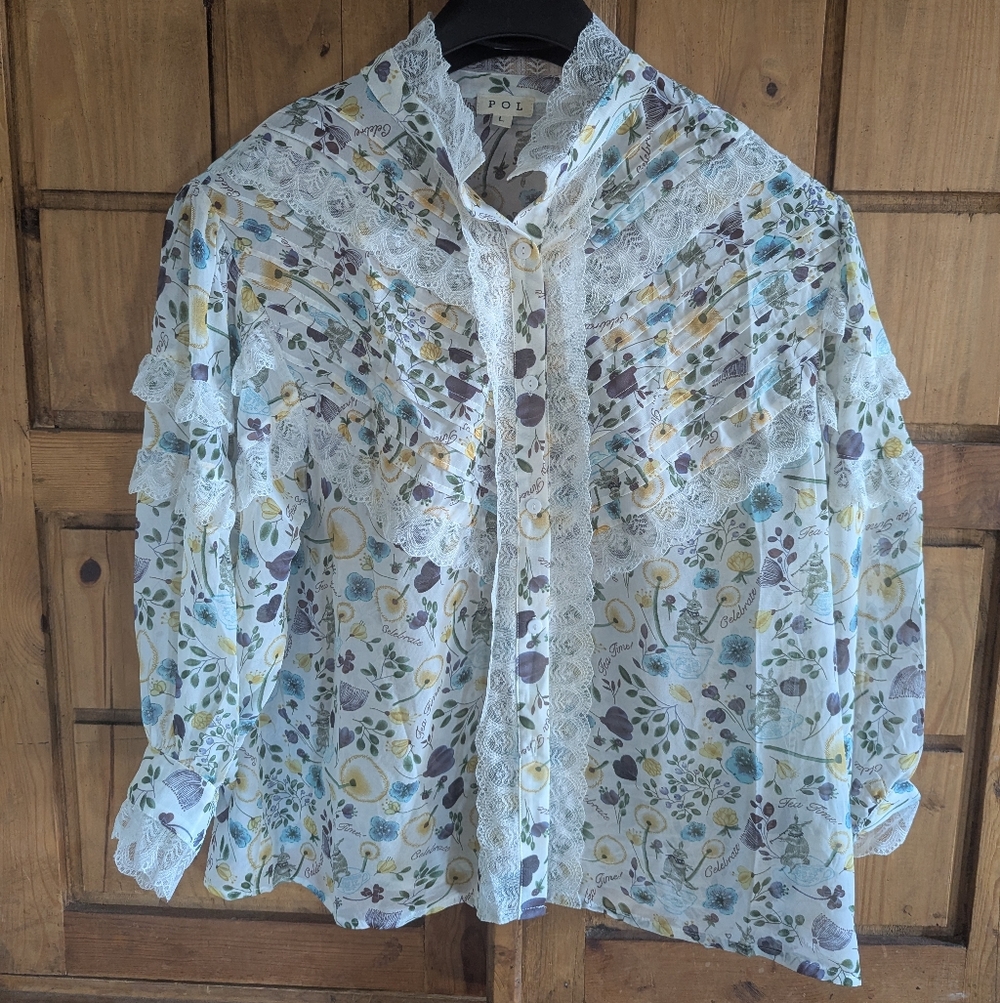 POL Easter Blouse Novelty Print Balloon Sleeves Sheer. Unconventional Lace.